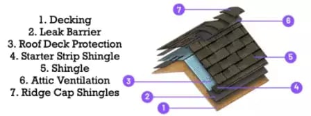 A diagram breaking down the layers of an asphalt shingle roofing system_WebP