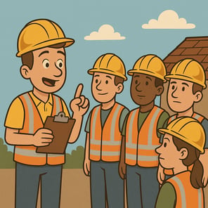 Roofing crew holding a job-site safety meeting before starting a roof replacement