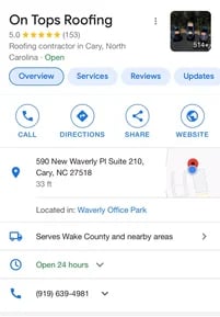 Google Business Profile listing for a local roofing company
