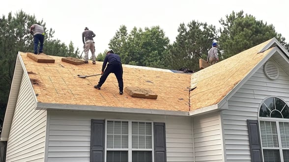 A close-up of OSB roof decking