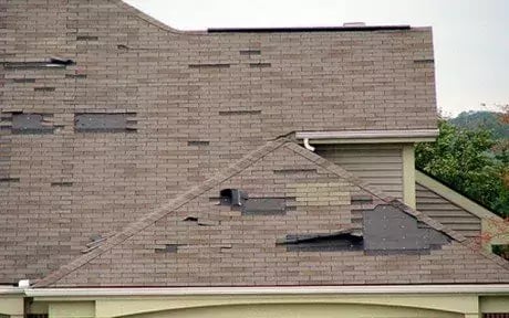 Roof damaged, missing shingles