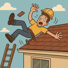 Unsafe roofing job site with a worker at height and no fall protection