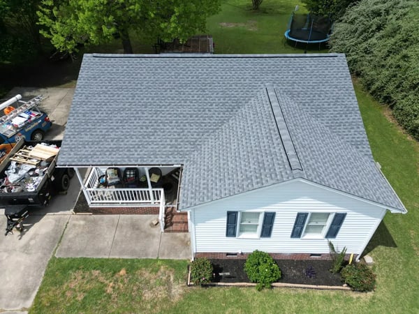 Completed GAF Timberline HDZ Oyster Grey roof replacement at Chinaberry Ln, Angier NC