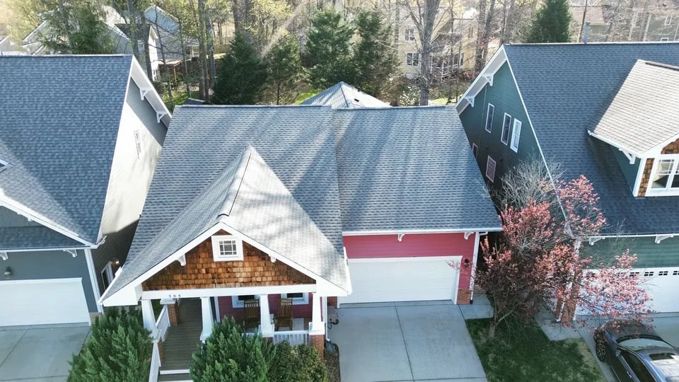 Aerial view of a completed roof inspection and replacement project on Homegate Cir in Apex, NC