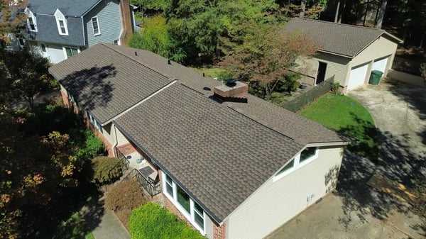 Completed GAF Timberline Ultra HDZ Barkwood roof replacement at Larkhall Ct, Cary NC