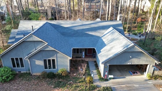 Pewter Gray shingles on a large ranch-style Cary home with complex multi-valley roofline