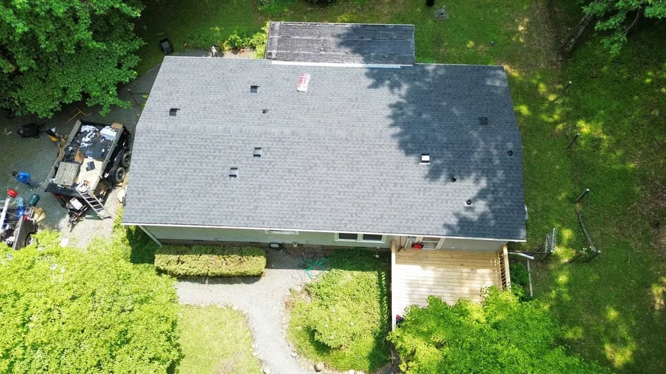 Aerial view of a completed roof inspection and replacement project on Old Hickory Ln in Hillsborough, NC