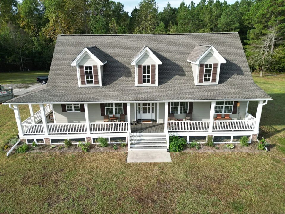Aerial view of a completed roof inspection and replacement project on Lasater Rd in Dunn, NC