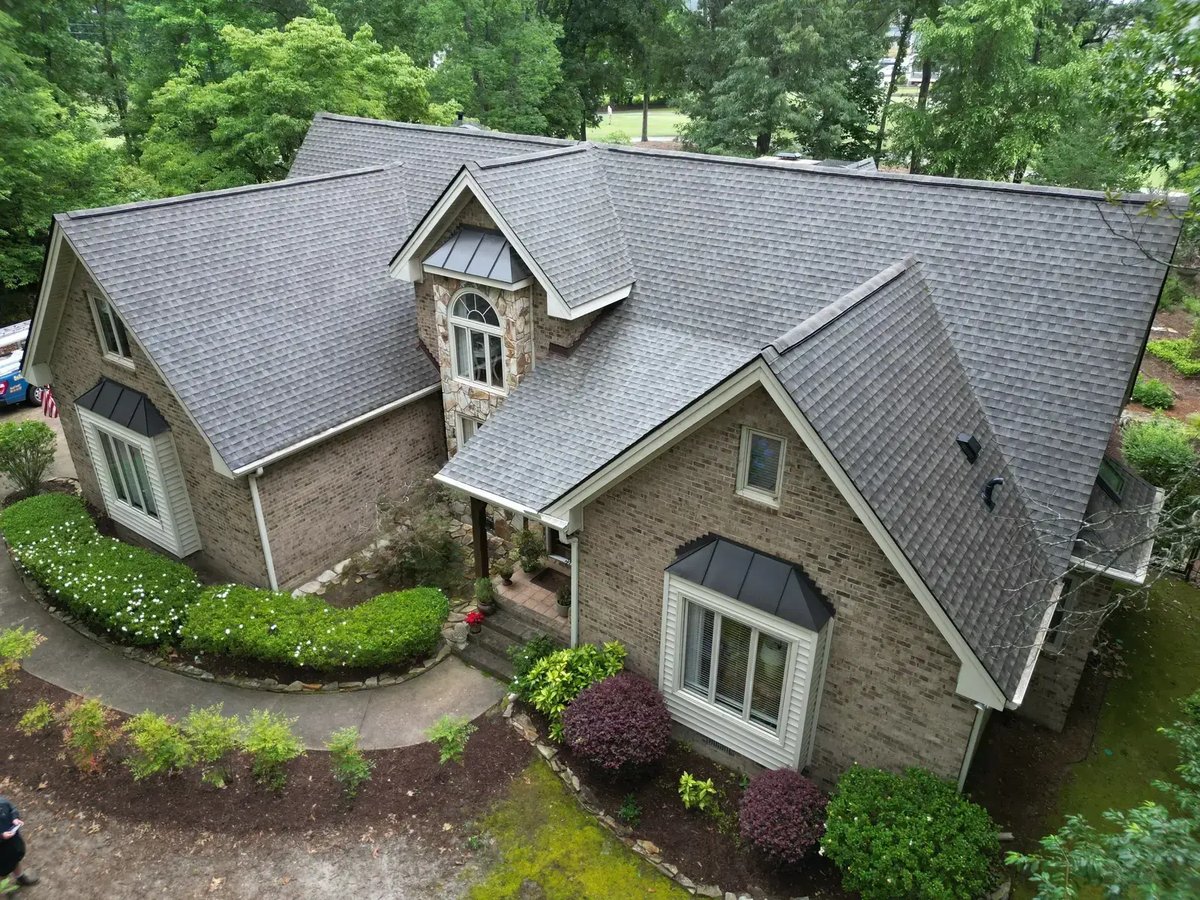 Completed On Tops Roofing project on Birkdale Ct in Fuquay-Varina, NC with new GAF Timberline HDZ Weathered Wood architectural shingles
