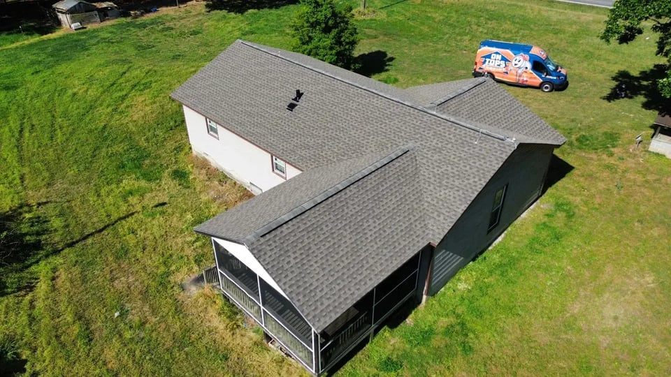 Aerial view of a completed roof inspection and replacement project on Lake Wheeler Rd in Fuquay-Varina, NC