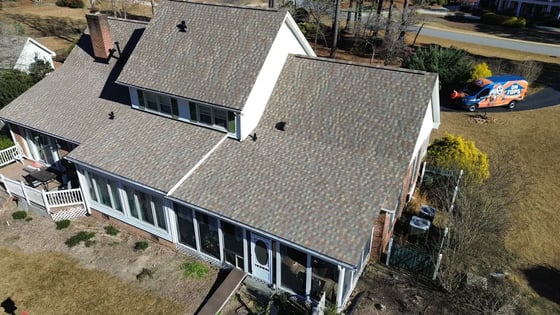 Golden Harvest GAF Timberline HDZ shingles on a home on Muirfield Dr in Fuquay-Varina