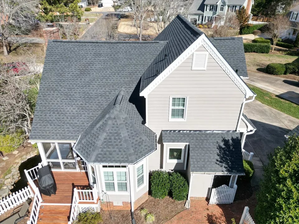 Completed roof replacement on a Garner home on Lanercost Ct with new GAF Timberline HDZ Charcoal architectural shingles