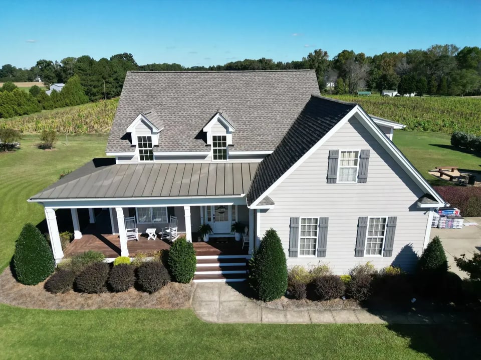 Aerial view of a completed roof inspection and replacement project on Scarborowood Dr in Holly Springs, NC