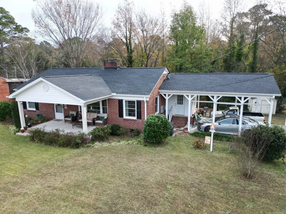 Aerial view of a completed roof inspection and replacement project on 3rd St in Lillington, NC