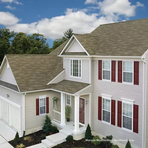 brown three-tab shingles on a white house with red shutters