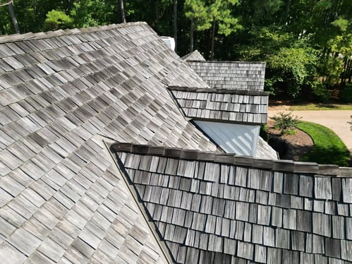 Cedar shake roofing on dormers of a residential home