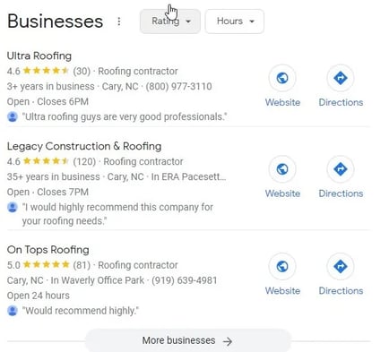 Five star customer reviews for a roofing company
