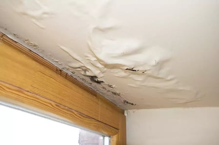 white ceiling with pooled, bloated water damage