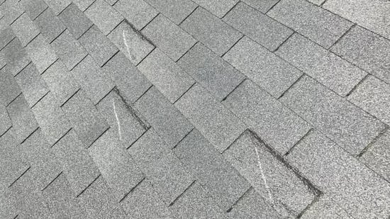 Wind-damaged shingles after a storm