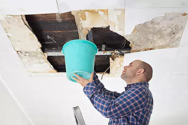 A man with a bucket trying to stop a roof leak