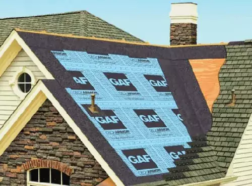 A simulated roof with a full GAF roofing system, including underlayment, leak barrier, starter shingles, and drip edge