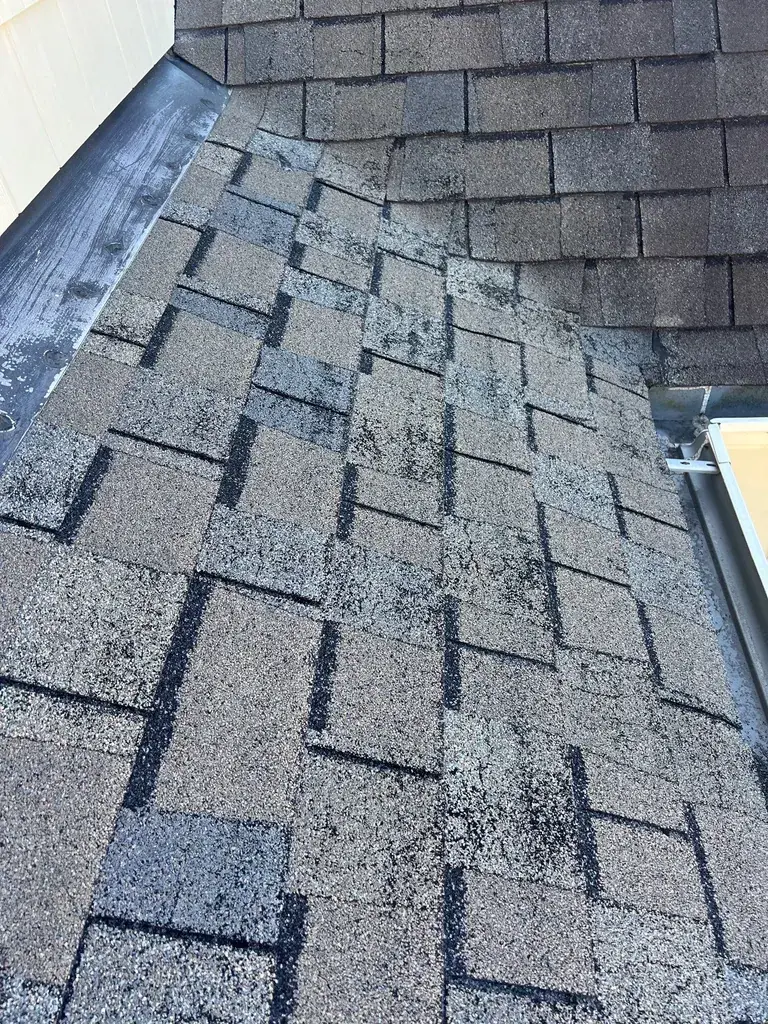 Close-up of shingle surface with significant granule loss exposing dark fiberglass mat