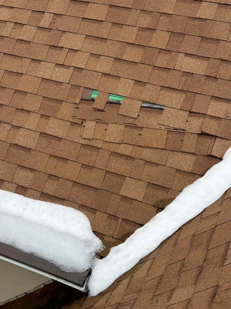 Missing shingle exposing underlayment and decking on residential roof