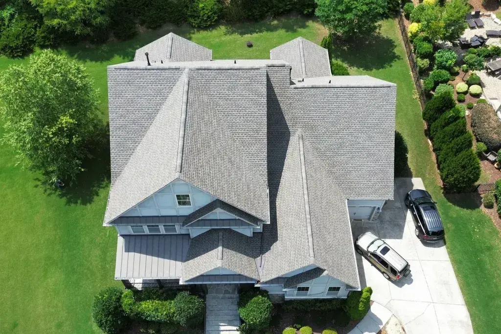 Overhead view of a completed roof replacement
