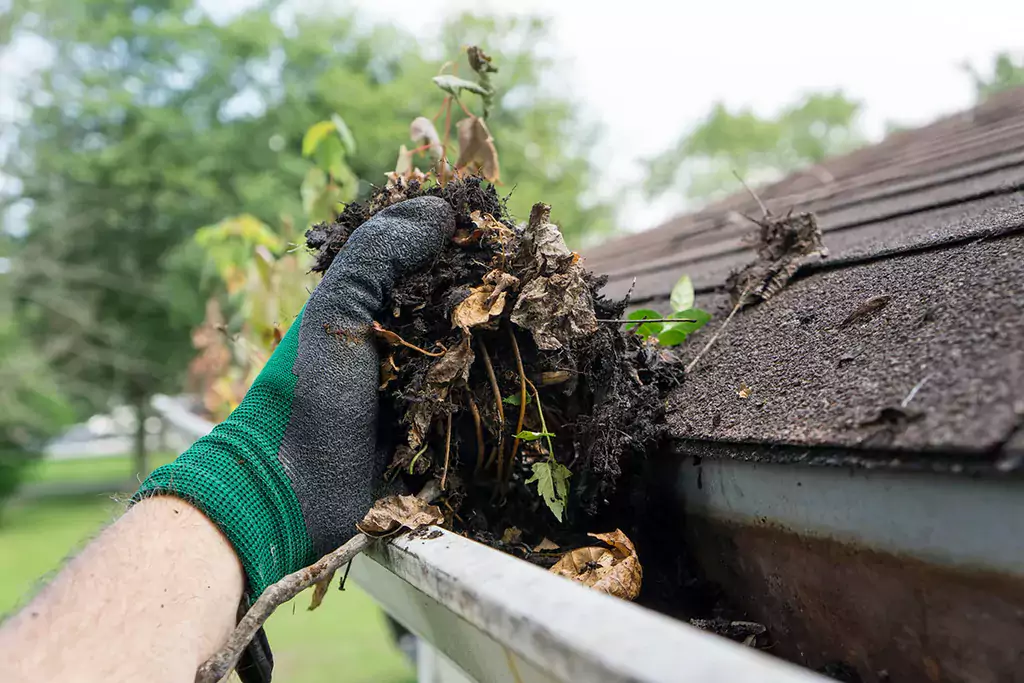A gloved hand clears out a blockage of dirt and leaves in a gutter