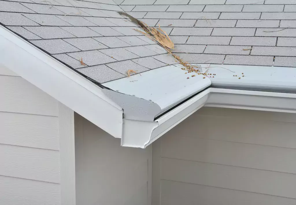 white gutter helmet preventing pine straw and debris from falling in gutters